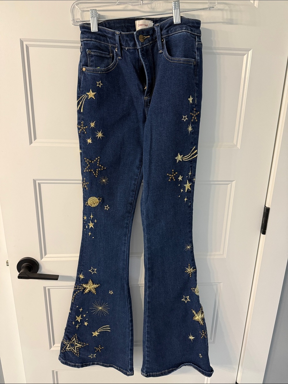 DRIFTWOOD Dark Blue Flare Jeans with Gold Celestial Embroidery